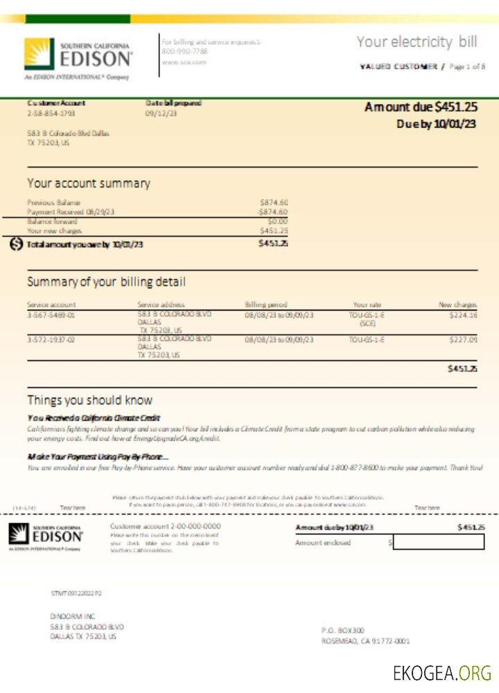 Facture commerciale de services publics EDISON de Californie du Sud, page 1 SCR